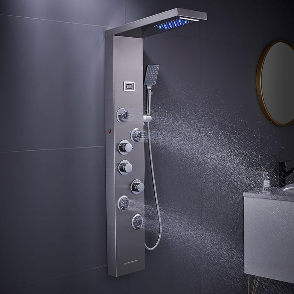 LED Duschpaneel mit Massagedüsen Regendusche Wasserfall Handbrause Badewanne Auslauf 5 Modi für Badezimmer Wandmontage Edelstahl Duschpaneele,aus gebürstetes Edelstahl 304